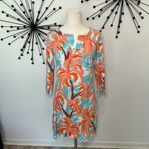 Barbara Gerwit Vintage Palm Print Shift Dress Size M 3/4 Sleeve Tropical